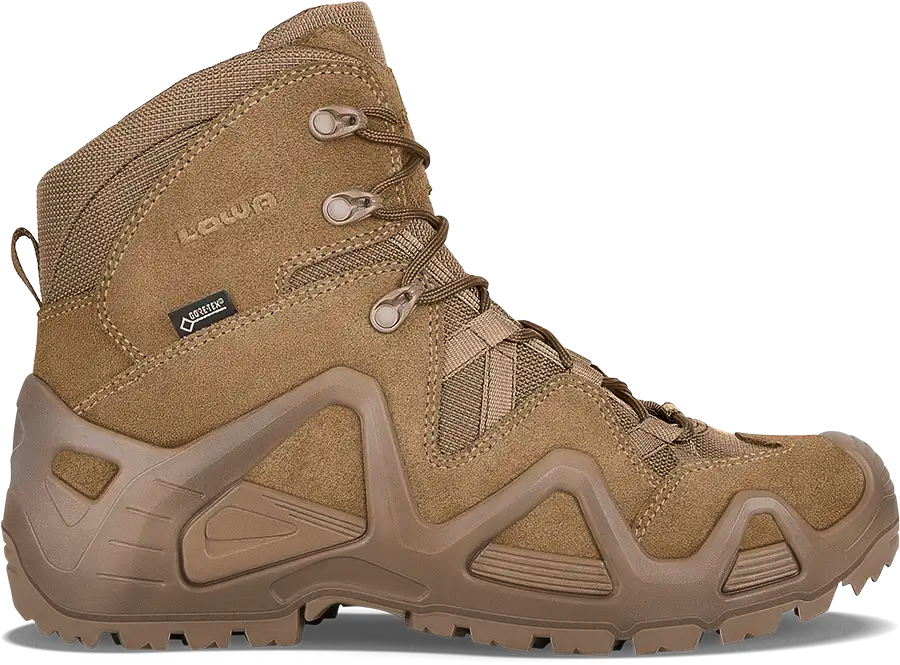 Side view of a Coyote tan tactical boot with a stitched LOWA logo on the upper