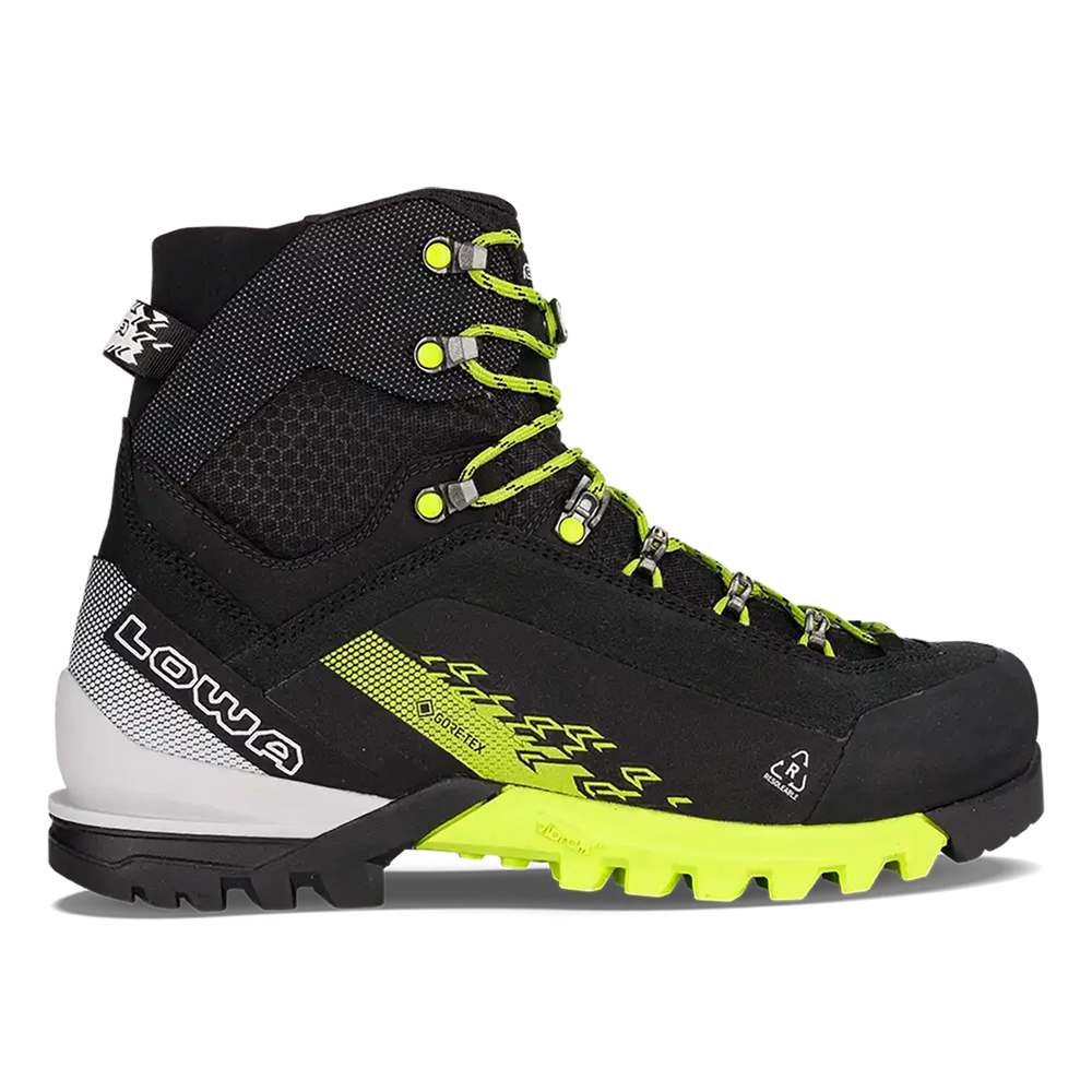 Men's LOWA CERVINO GTX MID mountaineering boot in BLACK/LIME with GORE-TEX waterproof protection for mountaineering. SKU 2110309903