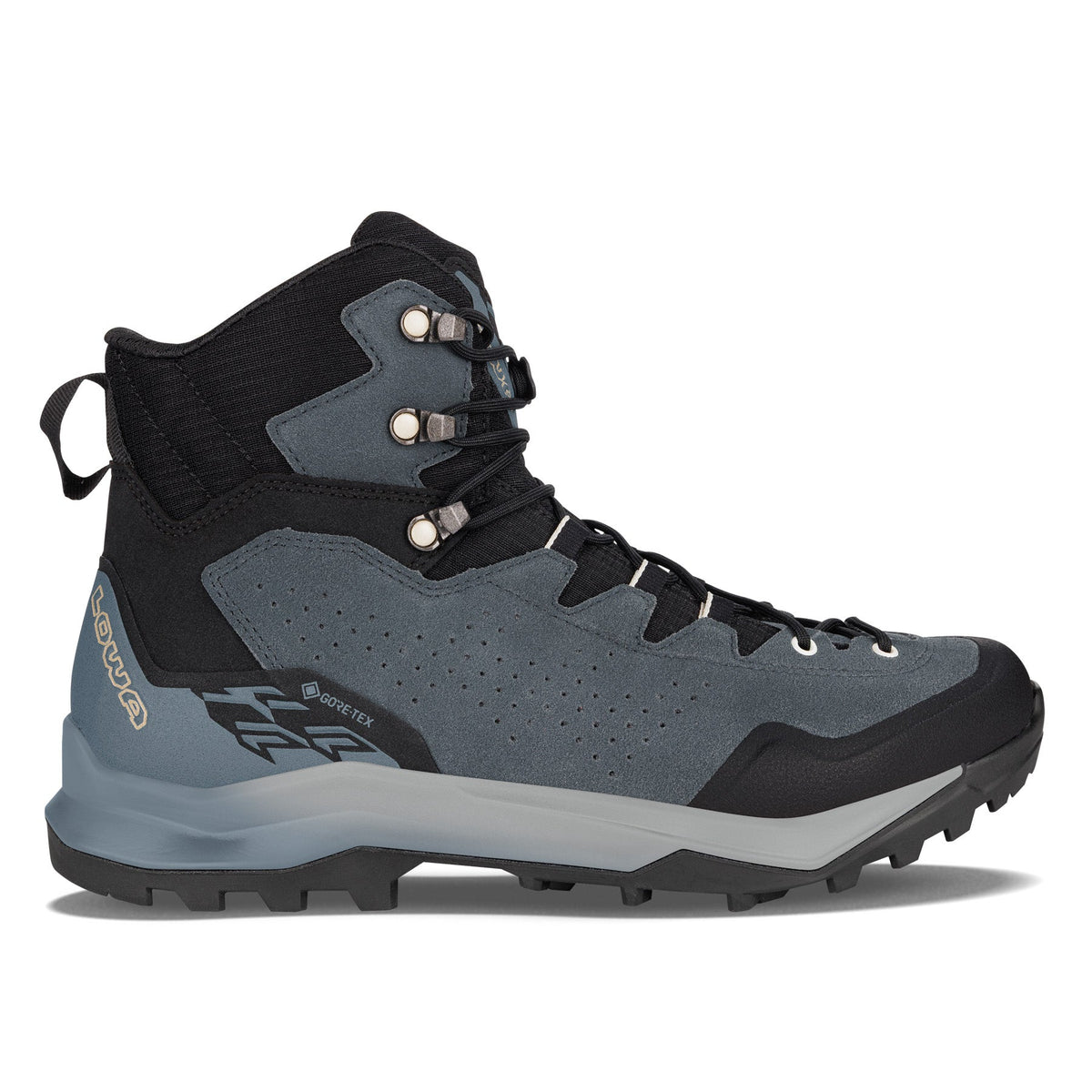 LOWA EXPLORER GTX MID men's backpacking boot in slate blue/black, side profile