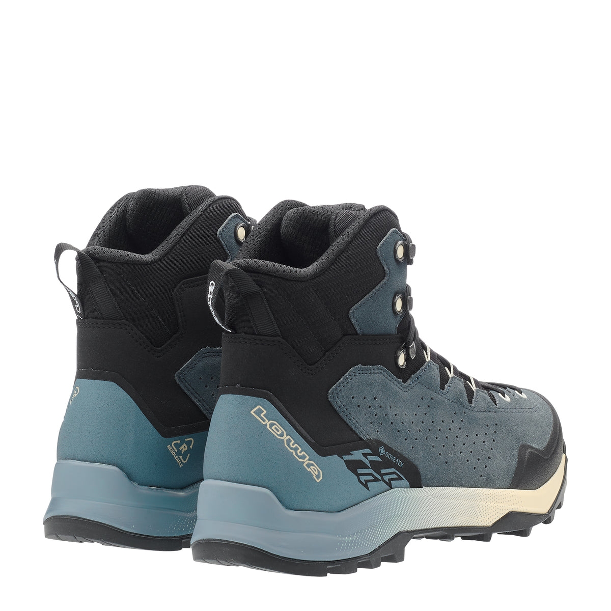 LOWA EXPLORER GTX MID men's backpacking boot in slate blue/black, back profile