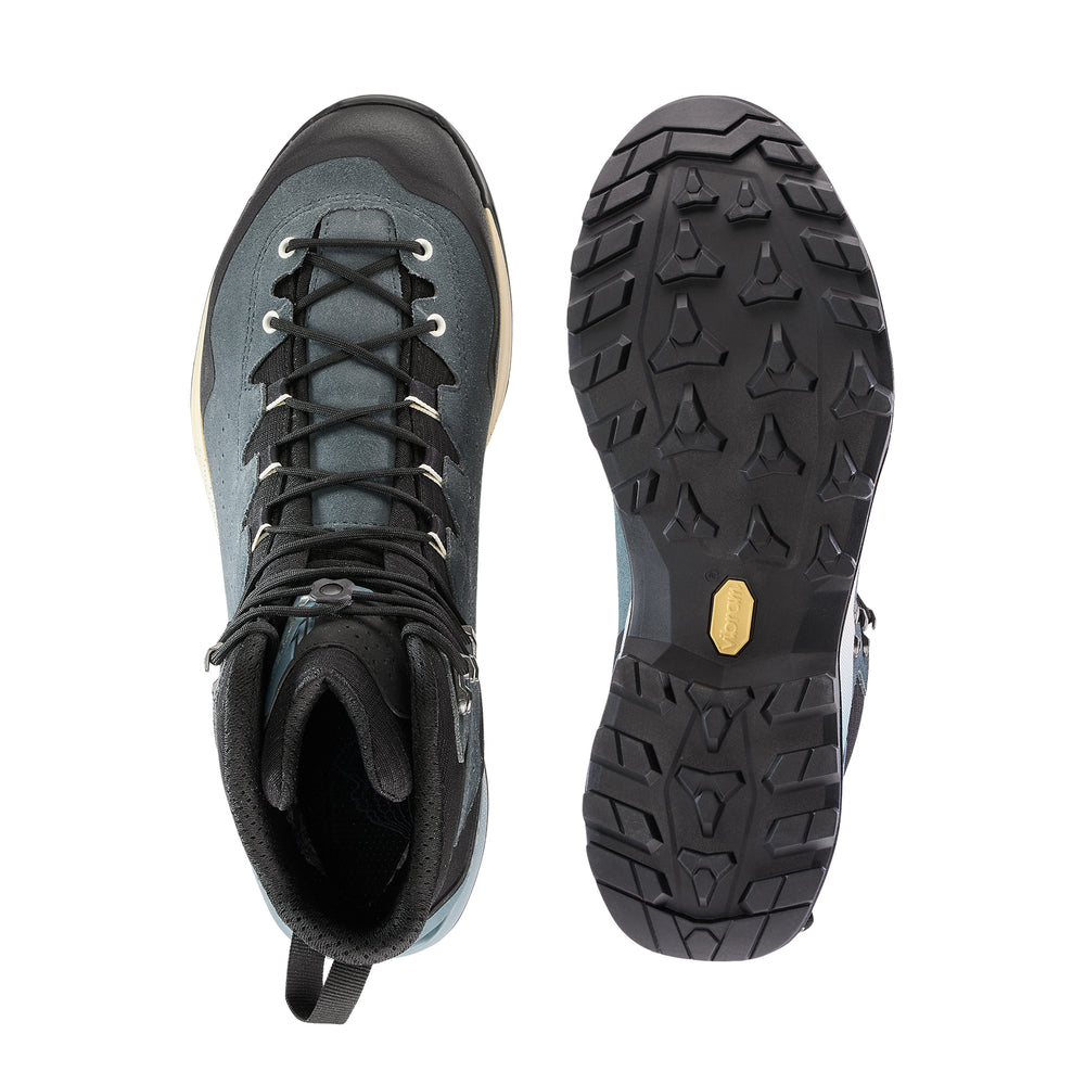 LOWA EXPLORER GTX MID men's backpacking boot in slate blue/black, top-outsole profile