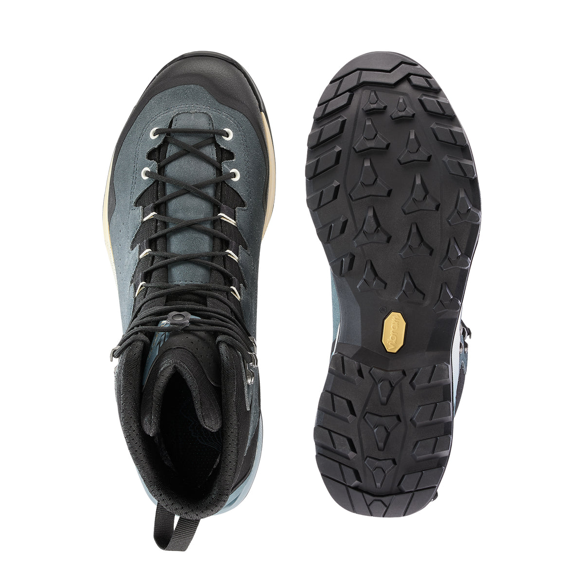 LOWA EXPLORER GTX MID men's backpacking boot in slate blue/black, top-outsole profile
