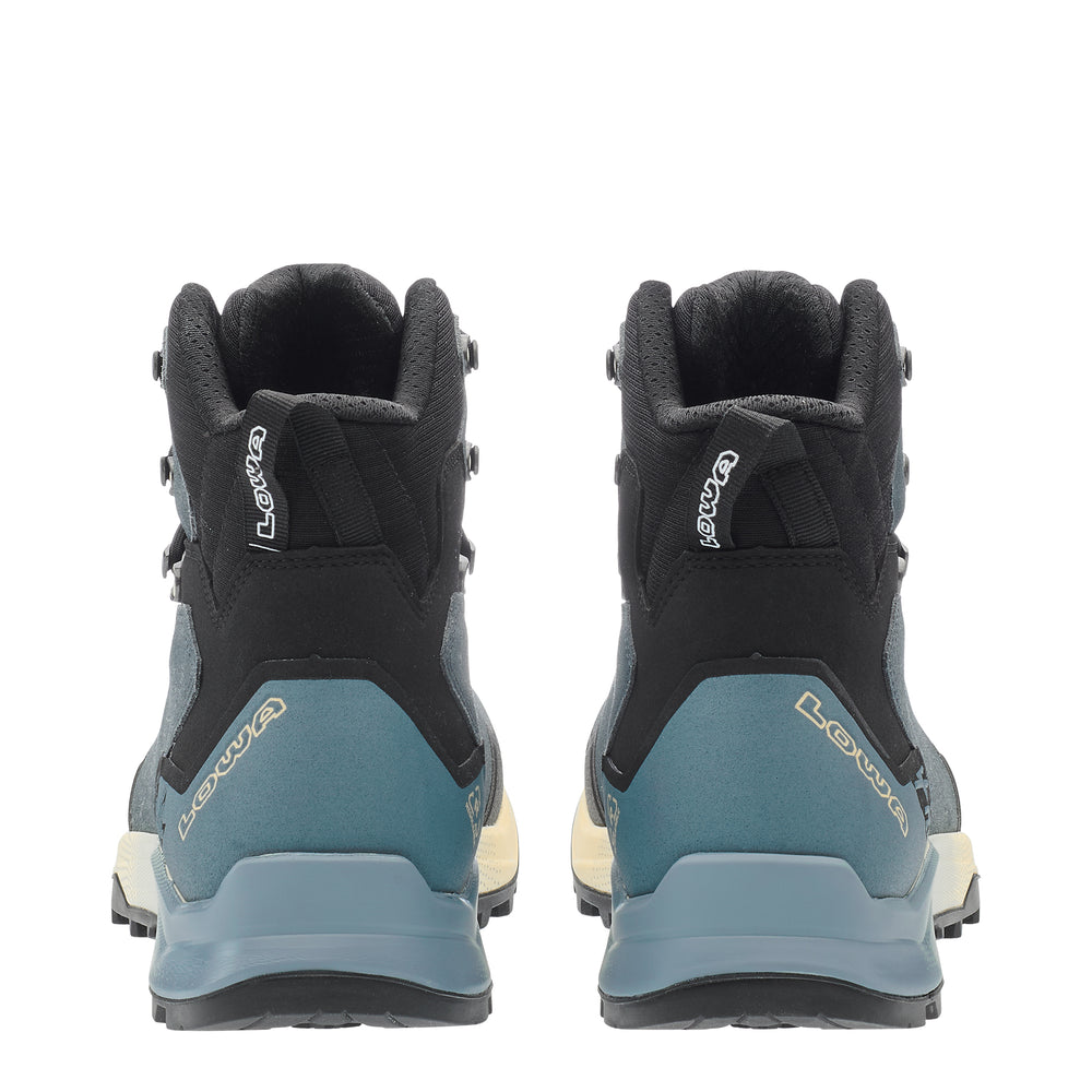 LOWA EXPLORER GTX MID men's backpacking boot in slate blue/black, heel profile