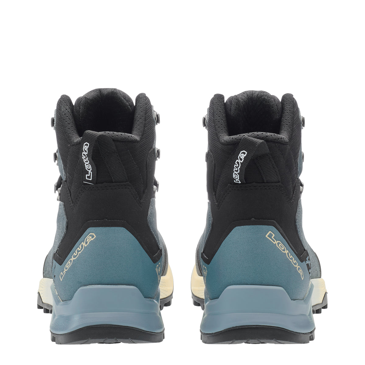 LOWA EXPLORER GTX MID men's backpacking boot in slate blue/black, heel profile