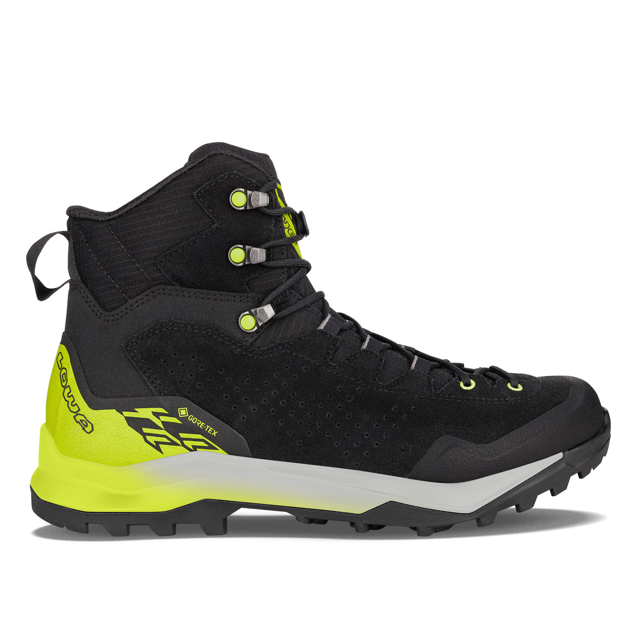 LOWA EXPLORER GTX MID men's backpacking boot in black/lime, side profile