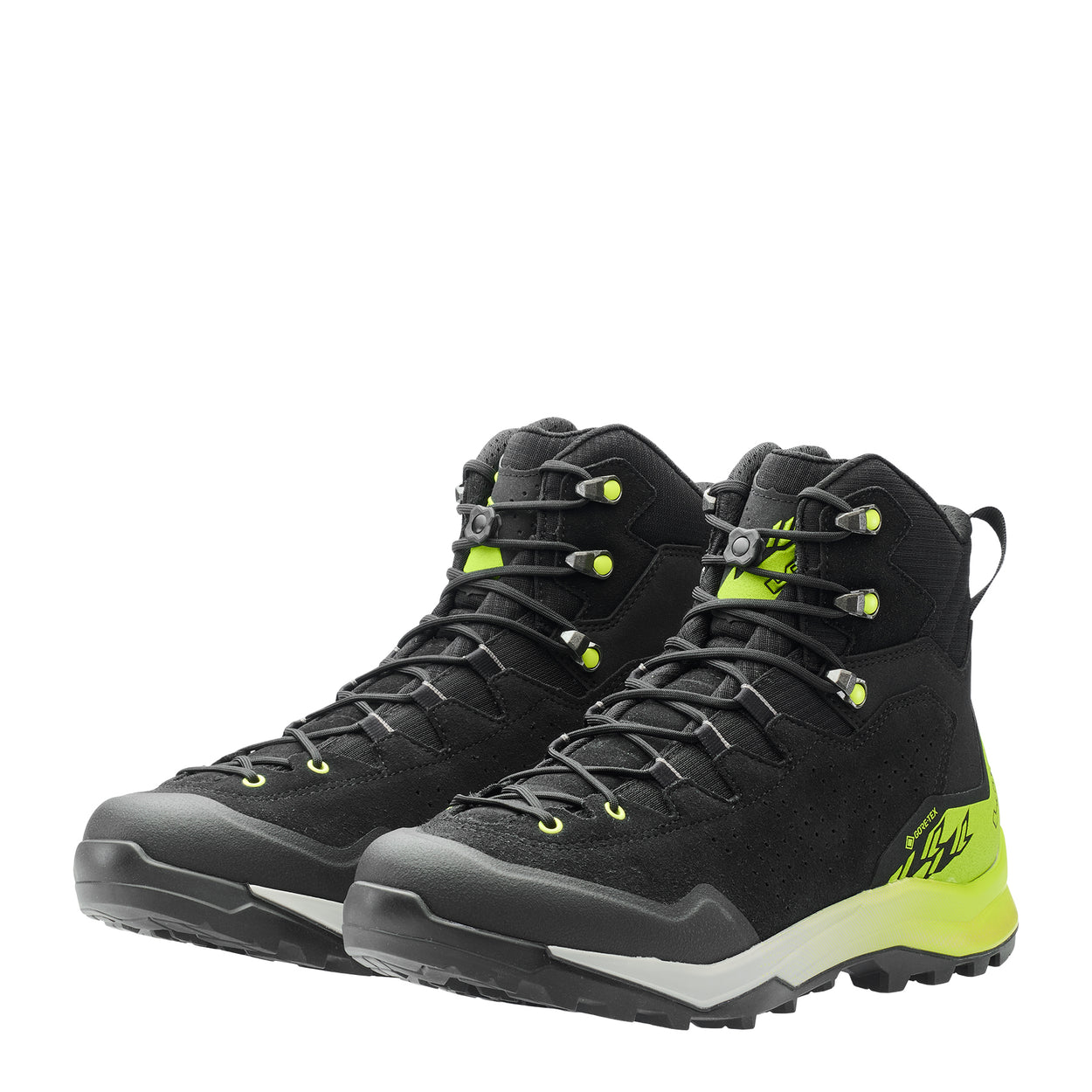 LOWA EXPLORER GTX MID men's backpacking boot in black/lime, angled profile