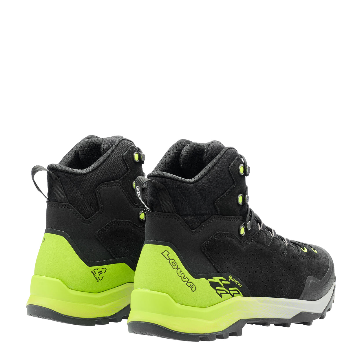 LOWA EXPLORER GTX MID men's backpacking boot in black/lime, back profile