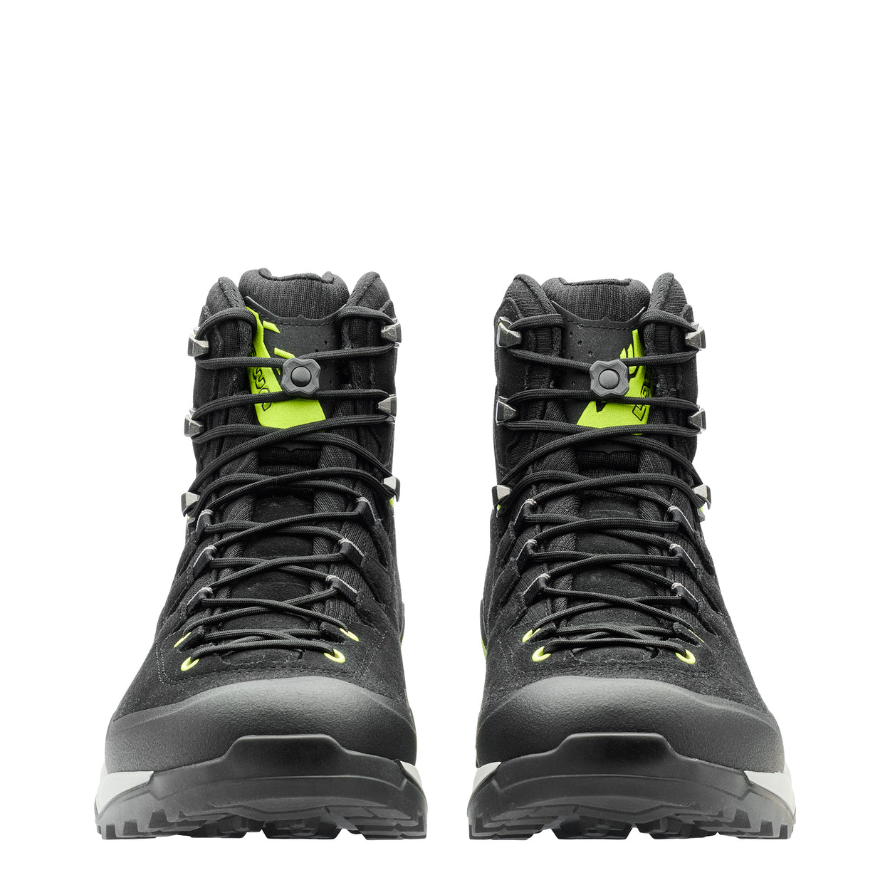 LOWA EXPLORER GTX MID men's backpacking boot in black/lime, front profile
