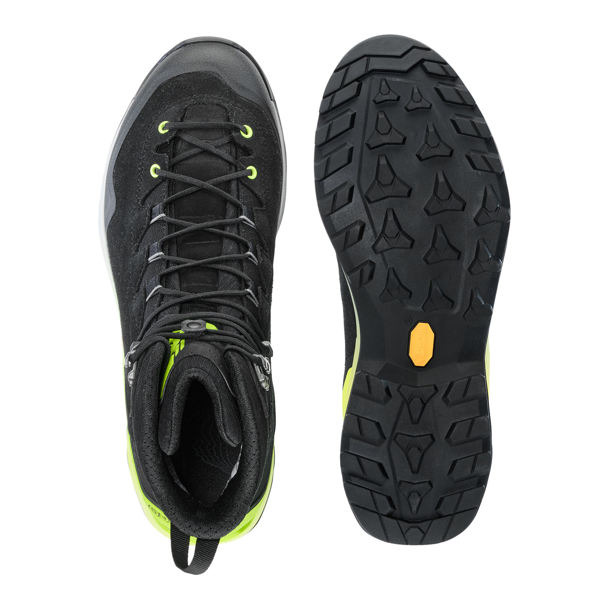 LOWA EXPLORER GTX MID men's backpacking boot in black/lime, top-outsole profile