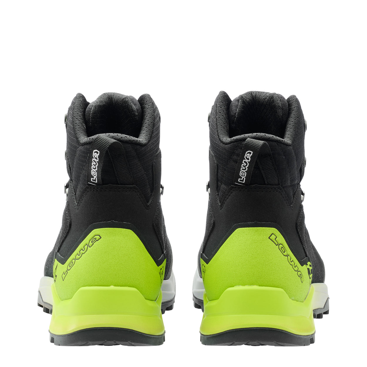 LOWA EXPLORER GTX MID men's backpacking boot in black/lime, heel profile
