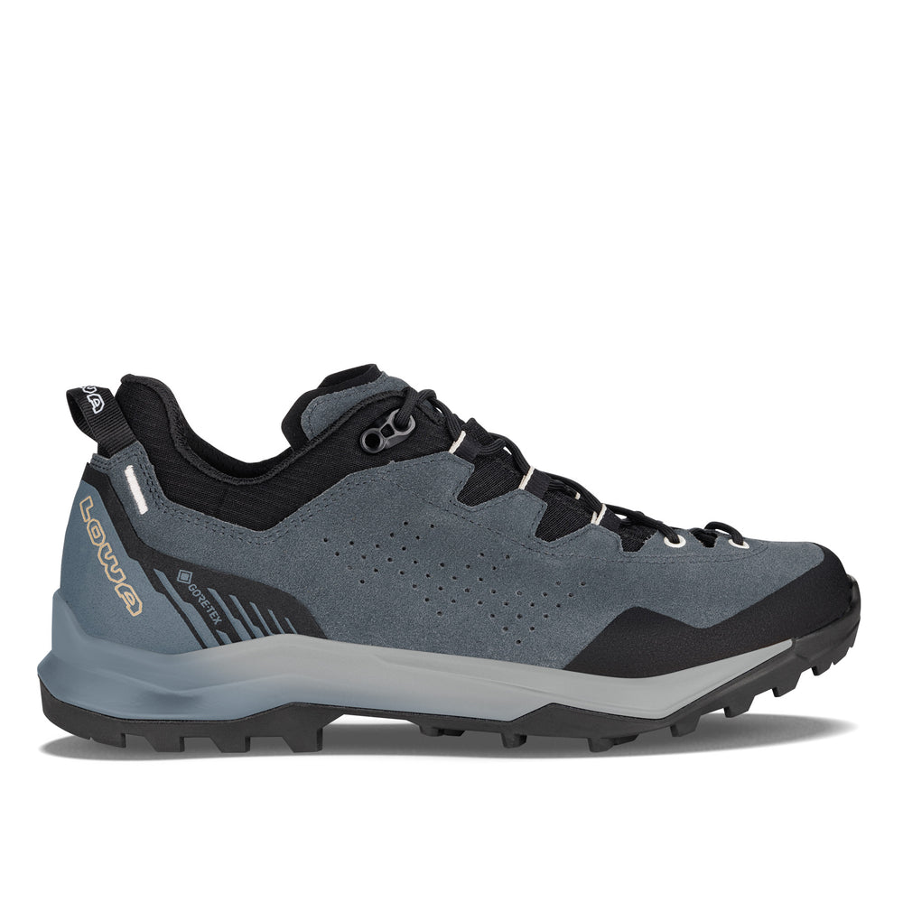 LOWA EXPLORER GTX LO men's backpacking shoe in slate blue/black, side profile