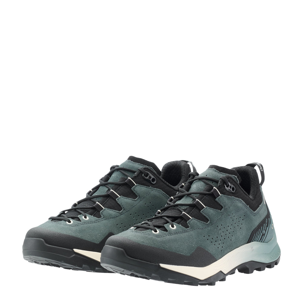 LOWA EXPLORER GTX LO men's backpacking shoe in slate blue/black, angled profile