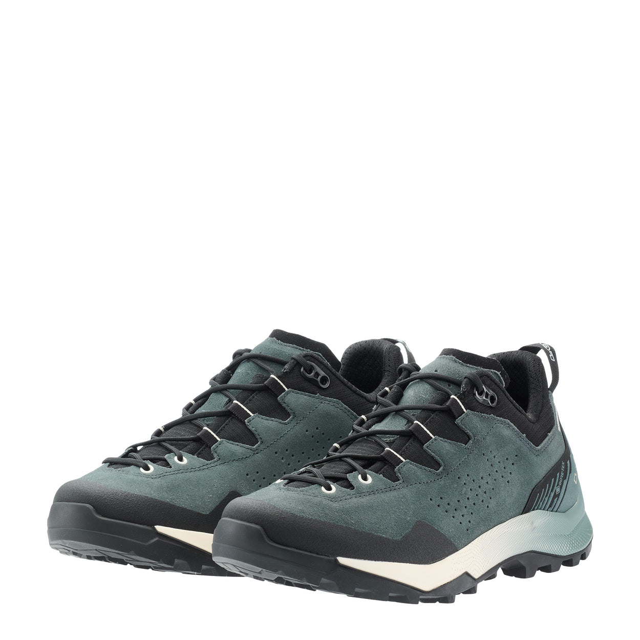 LOWA EXPLORER GTX LO men's backpacking shoe in slate blue/black, angled profile