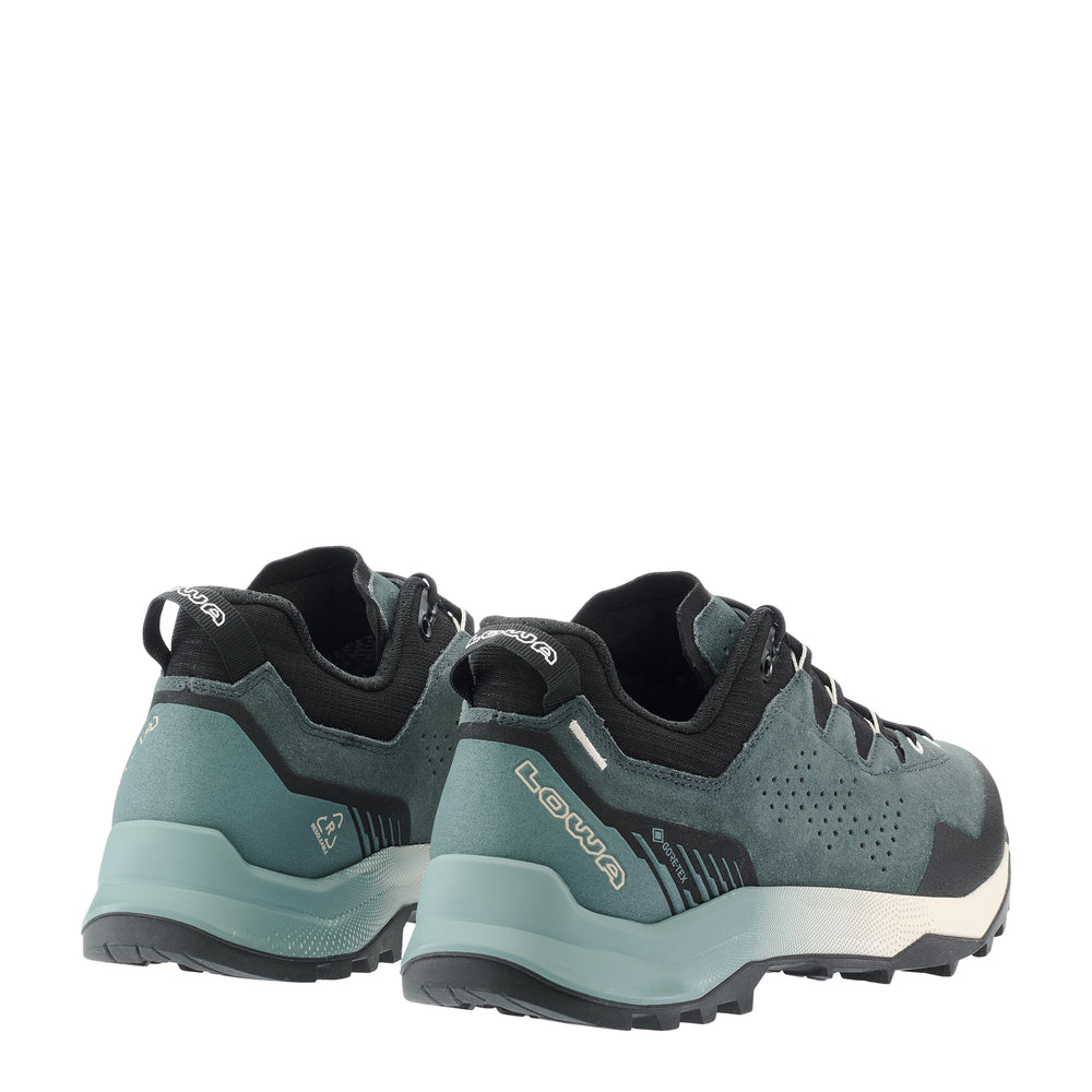 LOWA EXPLORER GTX LO men's backpacking shoe in slate blue/black, back profile