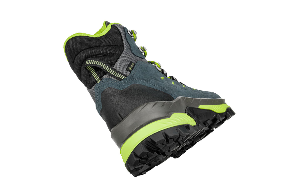 Men's LOWA RANDIR GTX MID backpacking boot in BLUE/LIME with GORE-TEX waterproof protection for backpacking. SKU 2117706003
