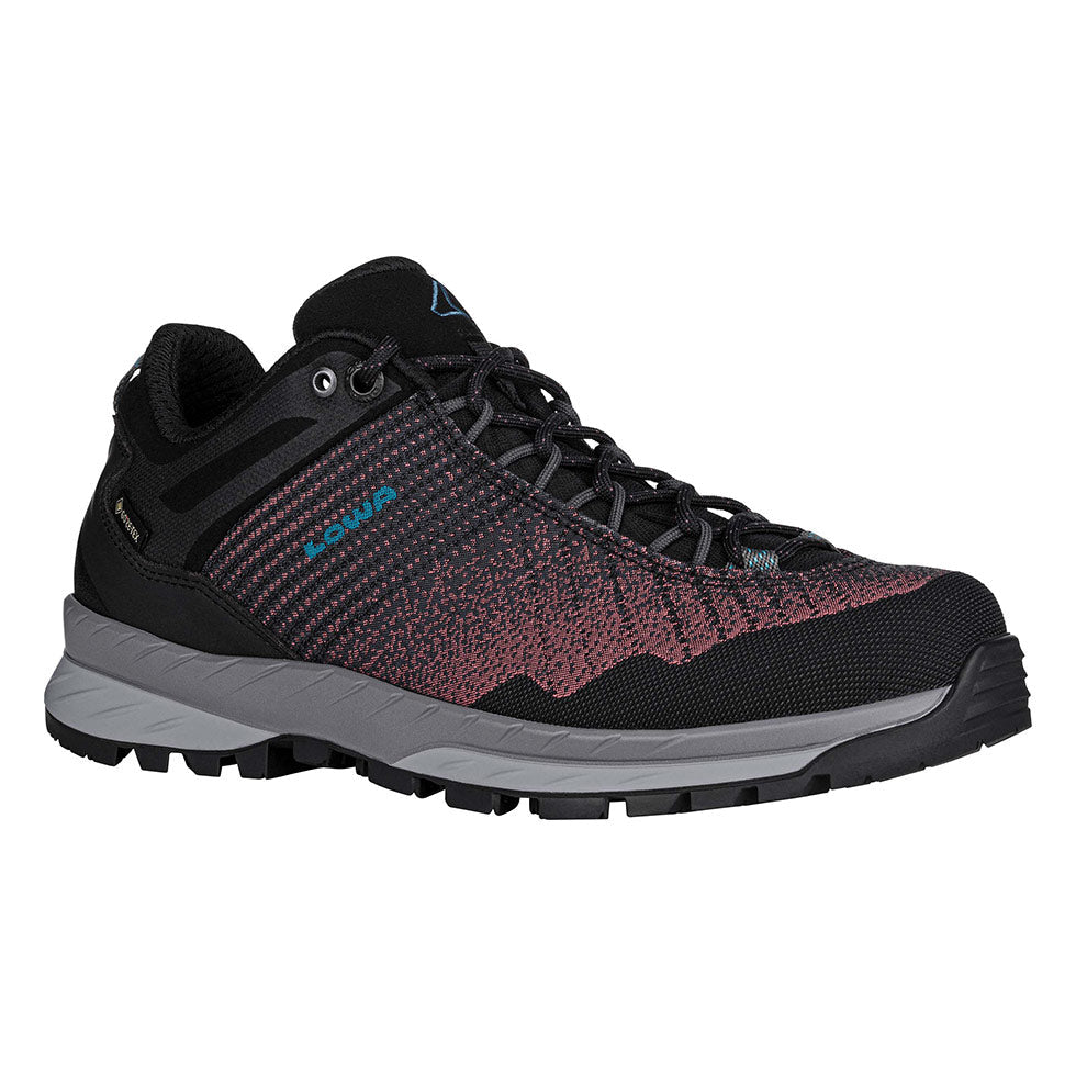 Women's LOWA CAREZZA GTX LO WS backpacking boot in BLACK/BROWN ROSE with GORE-TEX waterproof protection for backpacking. SKU 2210659931