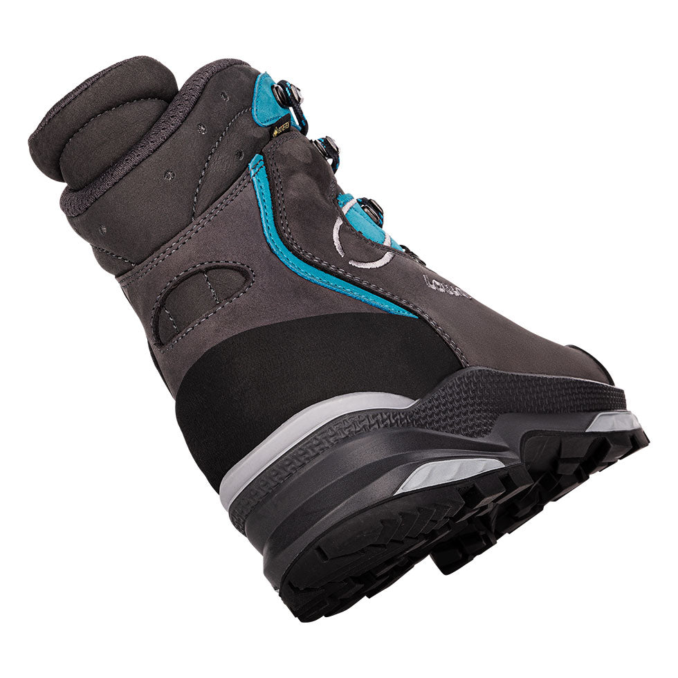 Women's LOWA MAURIA EVO GTX WS backpacking boot in ANTHRACITE/TURQUOISE with GORE-TEX waterproof protection for backpacking. SKU 2217219768, 2217229768, 2217239768
