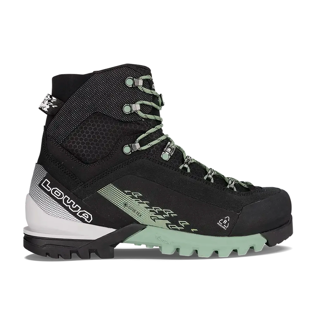Women's LOWA CERVINO GTX MID WS mountaineering boot in BLACK/SMOKE GREEN with GORE-TEX waterproof protection for mountaineering. SKU 2210309959