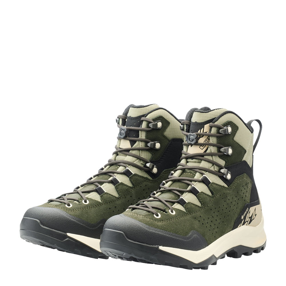 LOWA EXPLORER GTX MID WS women's backpacking boot in dark green/panna, angled profile