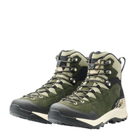 LOWA EXPLORER GTX MID WS women's backpacking boot in dark green/panna, angled profile