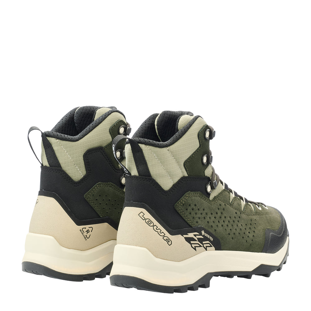 LOWA EXPLORER GTX MID WS women's backpacking boot in dark green/panna, back profile