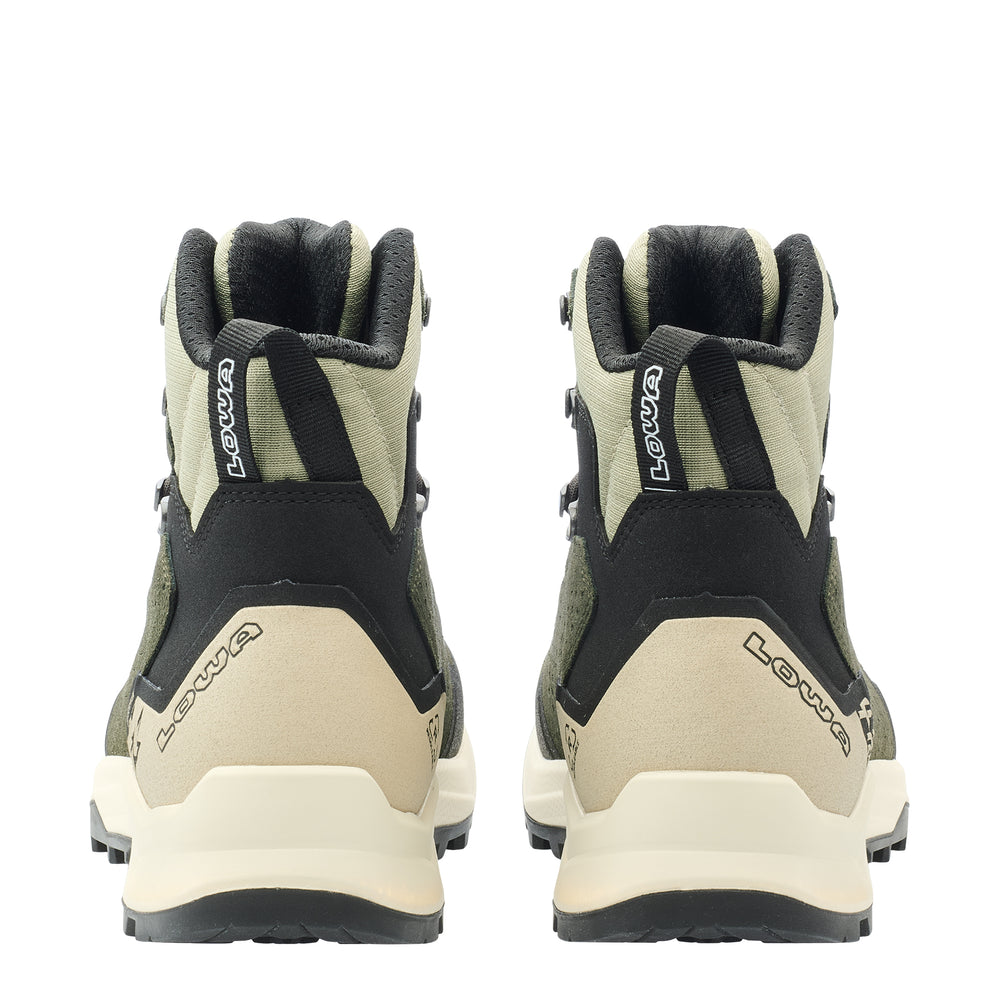 LOWA EXPLORER GTX MID WS women's backpacking boot in dark green/panna, heel profile