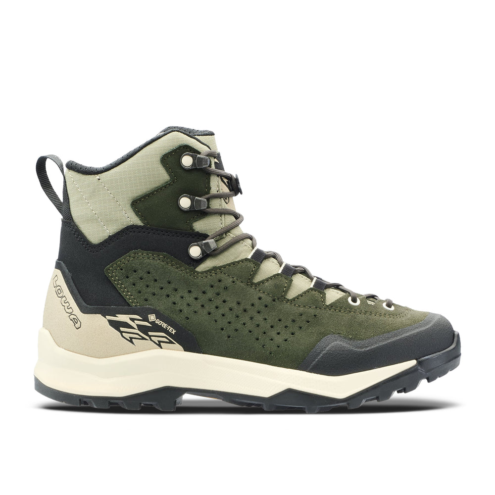 LOWA EXPLORER GTX MID WS women's backpacking boot in dark green/panna, side profile