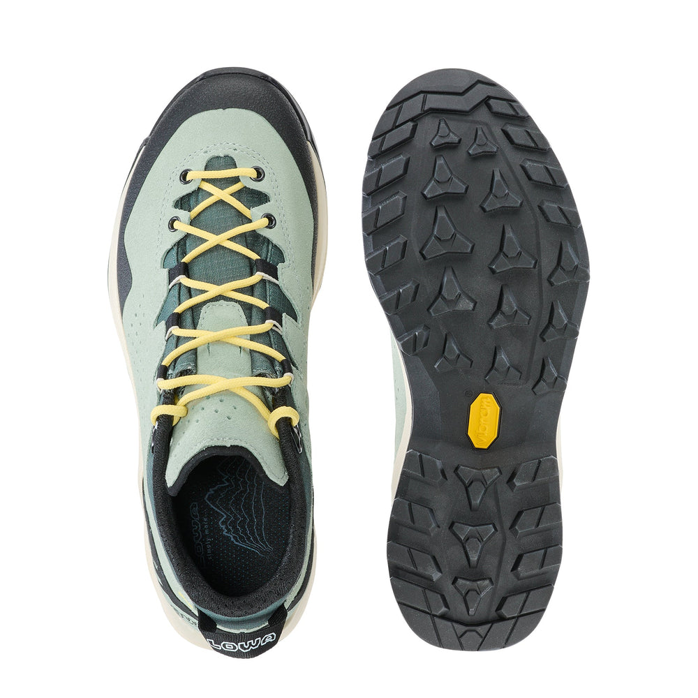 Women's LOWA® EXPLORER GTX LO WS backpacking boot in DARK PETROL/MILKY GREEN with GORE-TEX waterproof protection for backpacking. SKU 2211907550