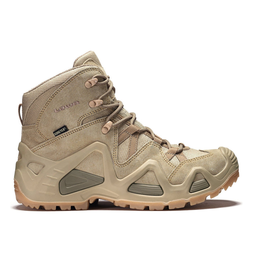 Men's LOWA ZEPHYR GTX MID TF tactical boot in DESERT with GORE-TEX waterproof protection for tactical and duty use and mountain use. SKU 3105370411