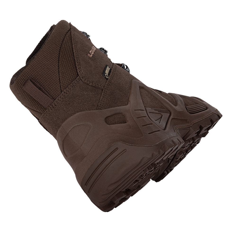 Men's LOWA ZEPHYR GTX MID TF tactical boot in DARK BROWN and DARK BROWN (NEW GTX) with GORE-TEX waterproof protection for tactical and duty use and mountain use. SKU 3105370493, 3115370493