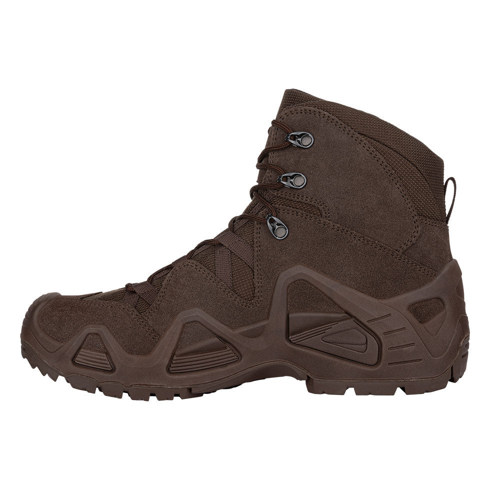 Men's LOWA ZEPHYR GTX MID TF tactical boot in DARK BROWN and DARK BROWN (NEW GTX) with GORE-TEX waterproof protection for tactical and duty use and mountain use. SKU 3105370493, 3115370493