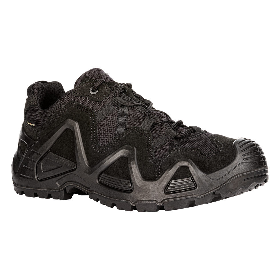Men's LOWA ZEPHYR GTX LO TF tactical shoe in BLACK with GORE-TEX waterproof protection for tactical and duty use. SKU 3105890999