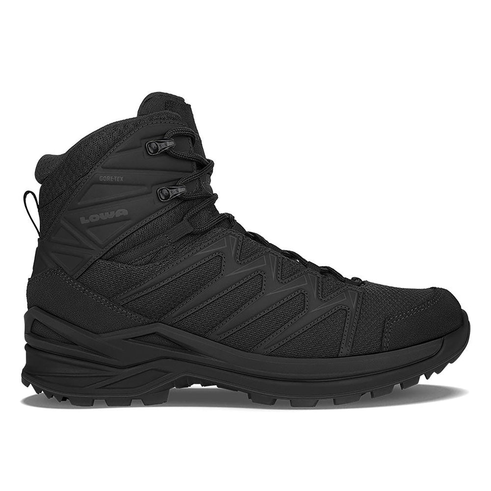 Men's LOWA INNOX PRO GTX MID TF tactical boot in BLACK and BLACK (NEW GTX) with GORE-TEX waterproof protection for tactical and duty use. SKU 3108300999, 3118310999