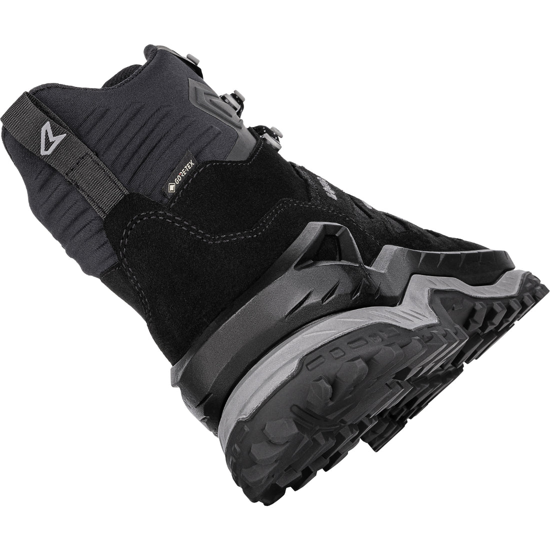 Black hiking boot with a visible brand logo on a white background