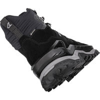 Black hiking boot with a visible brand logo on a white background