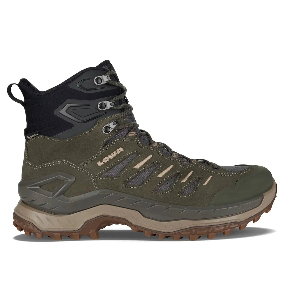 Men's LOWA INNOVO GTX MID hiking boot in OLIVE/DARK GREY with GORE-TEX waterproof protection for hiking and mountain use. SKU 3113307854