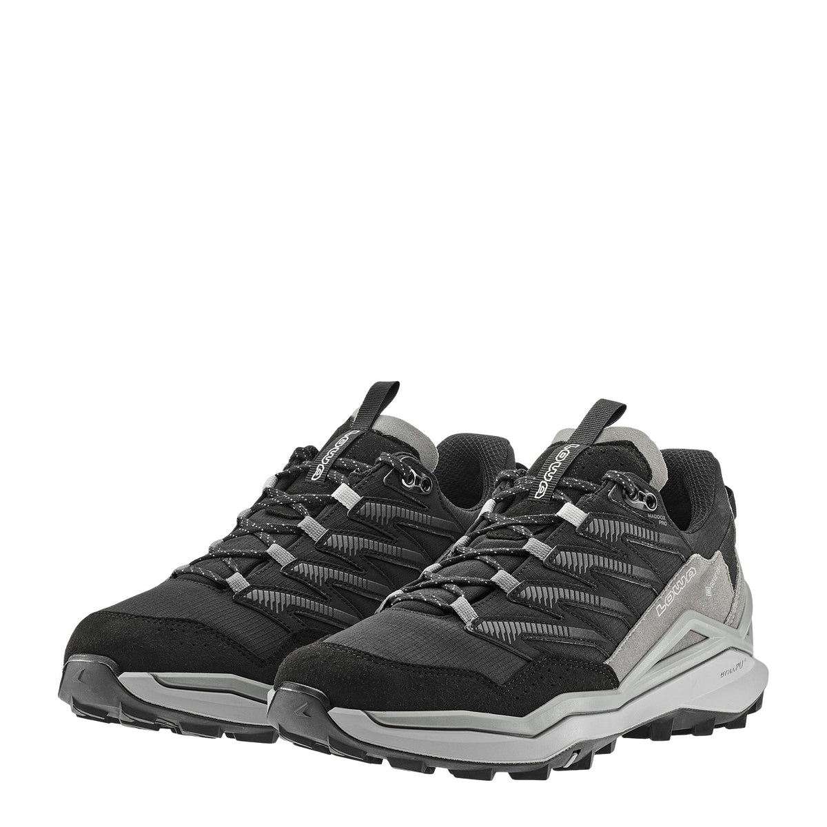 Men's LOWA MADDOX PRO GTX LO hiking shoe in BLACK/GREY with GORE-TEX waterproof protection for hiking. SKU 3113319930, 3116309930
