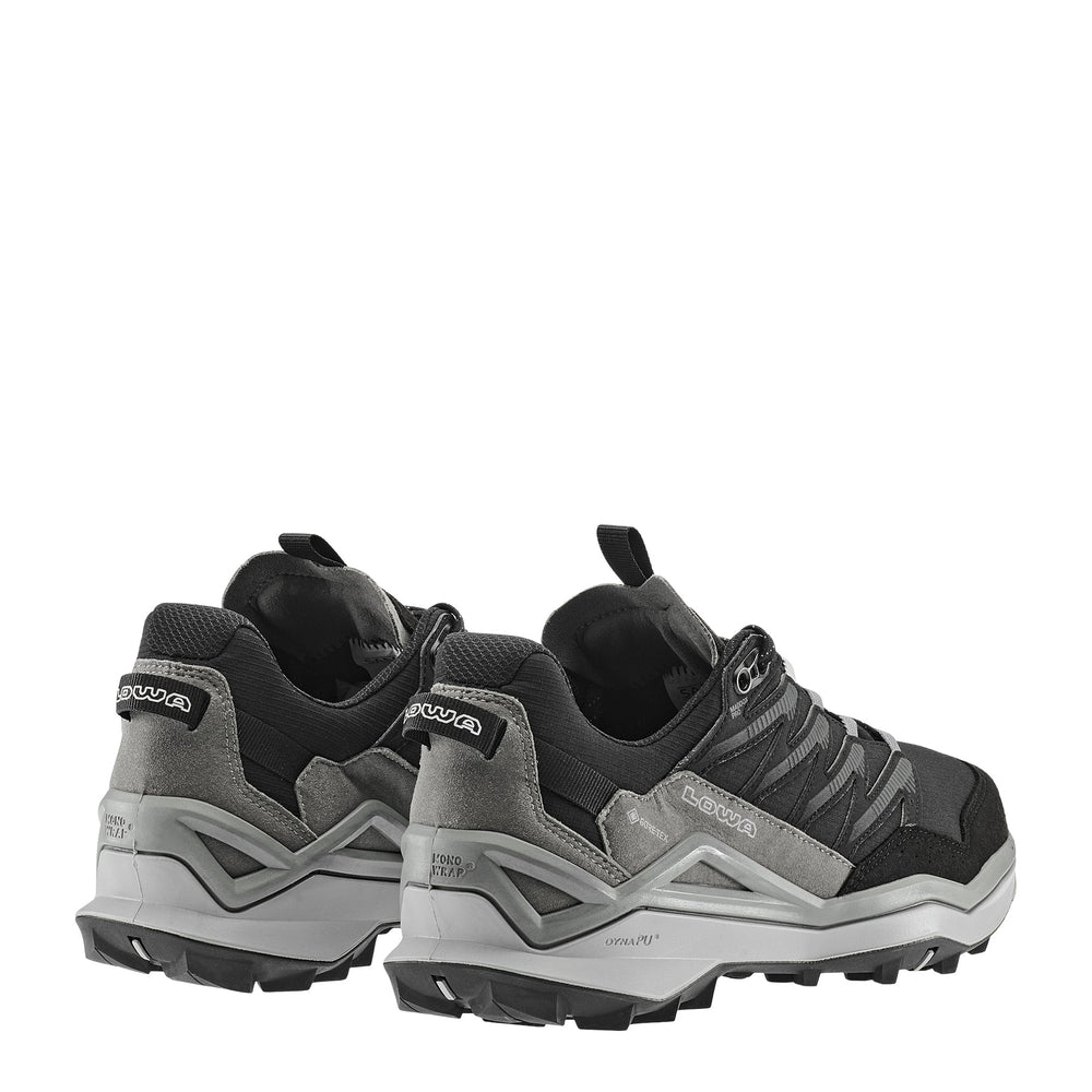 Men's LOWA MADDOX PRO GTX LO hiking shoe in BLACK/GREY with GORE-TEX waterproof protection for hiking. SKU 3113319930, 3116309930