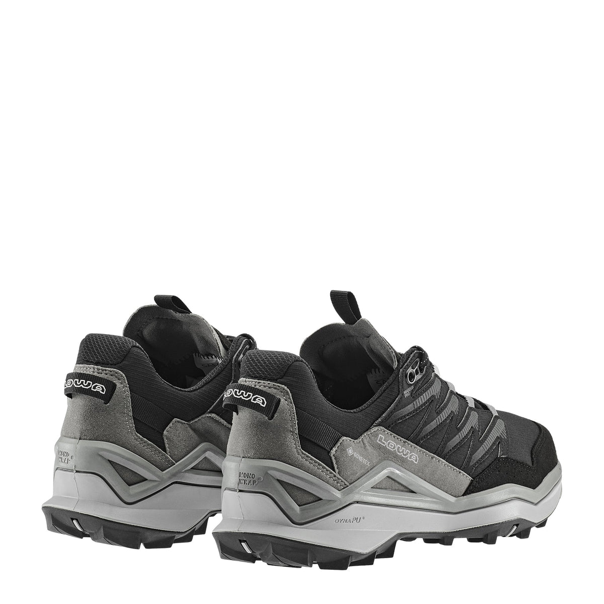 Men's LOWA MADDOX PRO GTX LO hiking shoe in BLACK/GREY with GORE-TEX waterproof protection for hiking. SKU 3113319930, 3116309930