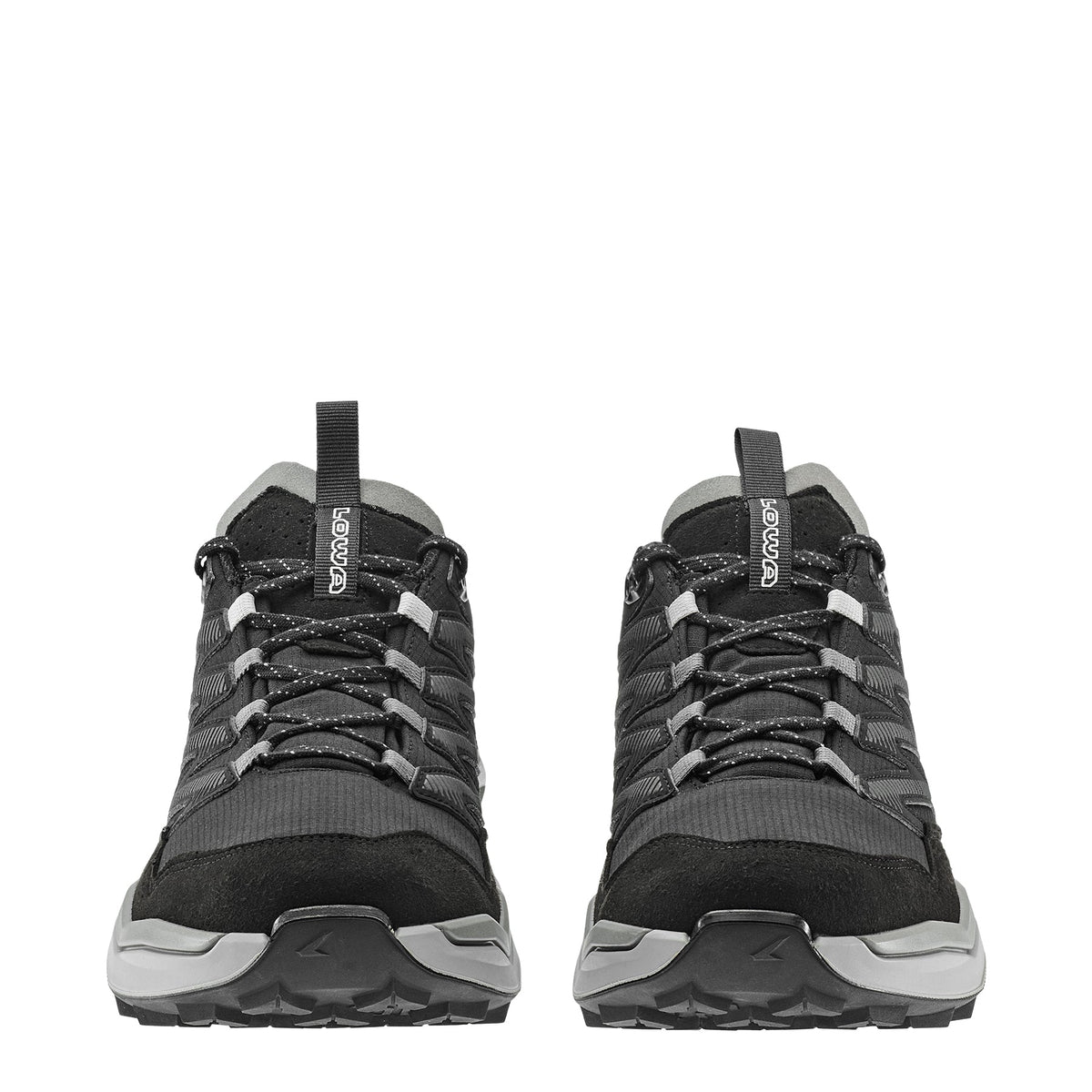 Men's LOWA MADDOX PRO GTX LO hiking shoe in BLACK/GREY with GORE-TEX waterproof protection for hiking. SKU 3113319930, 3116309930