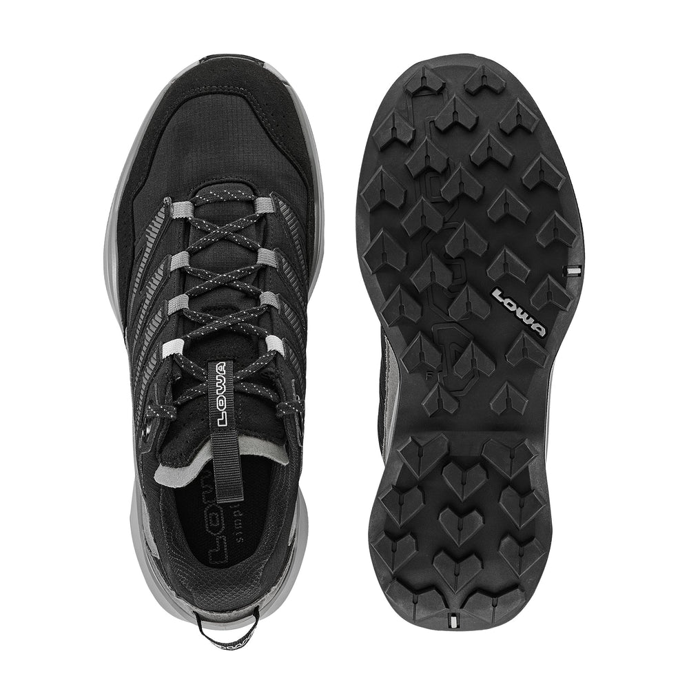 Men's LOWA MADDOX PRO GTX LO hiking shoe in BLACK/GREY with GORE-TEX waterproof protection for hiking. SKU 3113319930, 3116309930