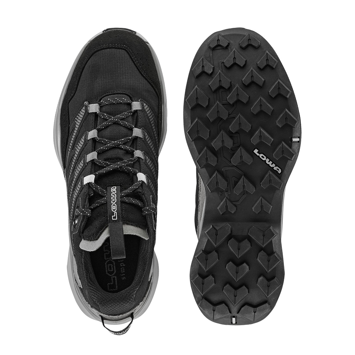 Men's LOWA MADDOX PRO GTX LO hiking shoe in BLACK/GREY with GORE-TEX waterproof protection for hiking. SKU 3113319930, 3116309930