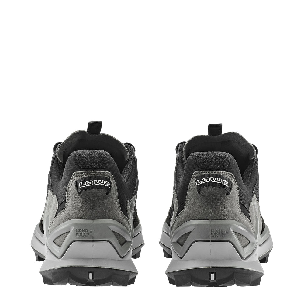 Men's LOWA MADDOX PRO GTX LO hiking shoe in BLACK/GREY with GORE-TEX waterproof protection for hiking. SKU 3113319930, 3116309930