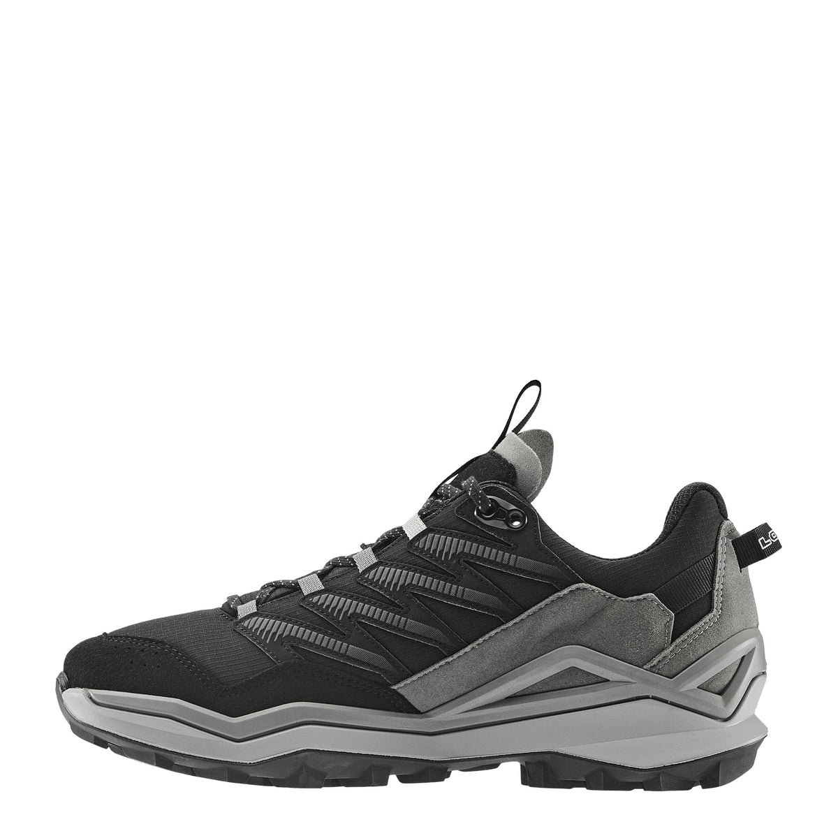 Men's LOWA MADDOX PRO GTX LO hiking shoe in BLACK/GREY with GORE-TEX waterproof protection for hiking. SKU 3113319930, 3116309930