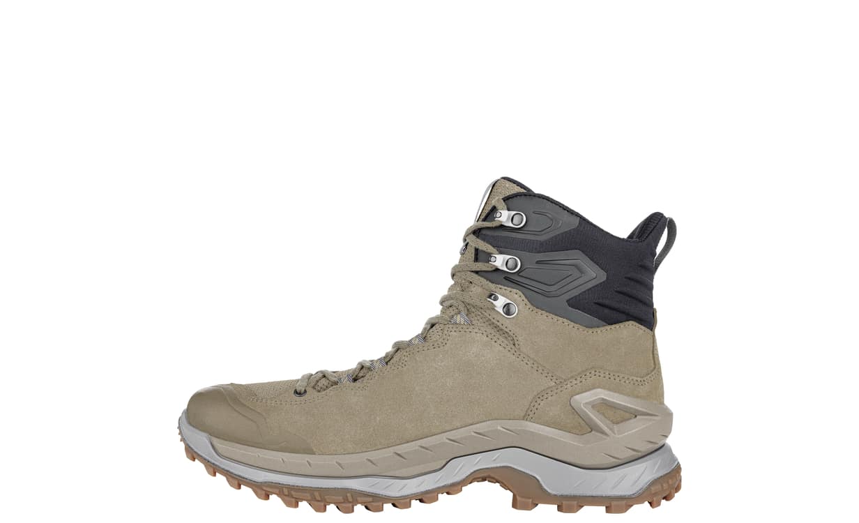 mid height tan hiking boot on white background