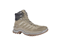 Mid height tan hiking boot on a white background