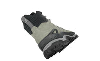angled back view of mid height sage green hiking boot on white background