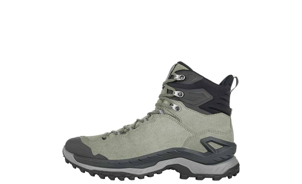 side view of mid height sage green hiking boot on white background