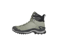 side view of mid height sage green hiking boot on white background