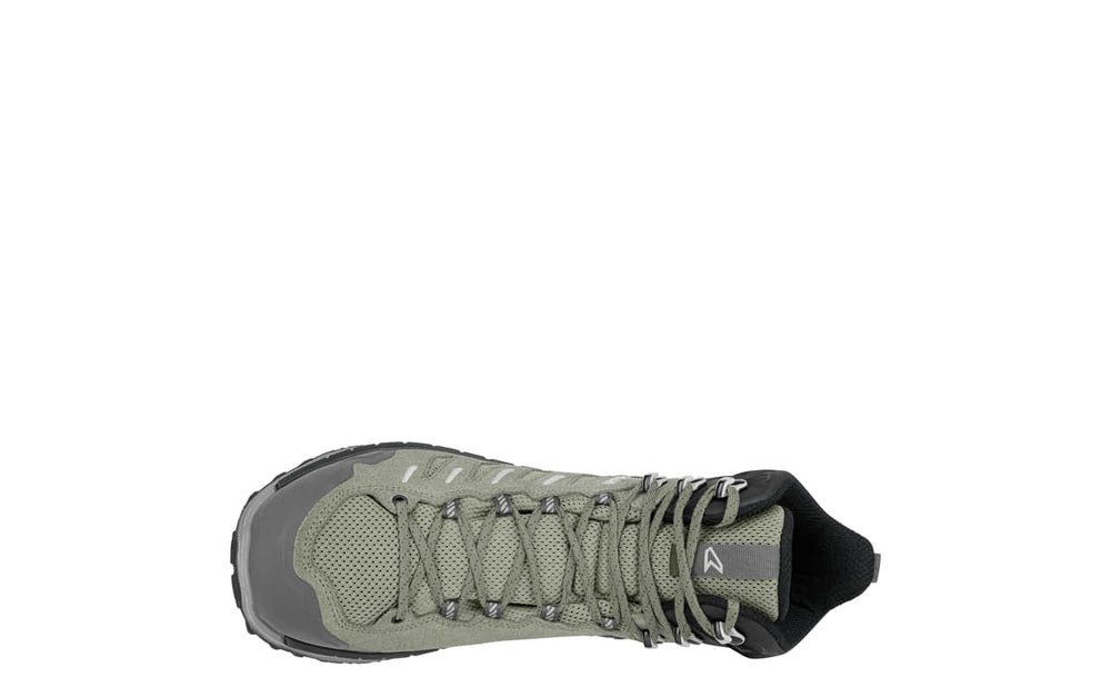 top view of mid height sage green hiking boot on a white background
